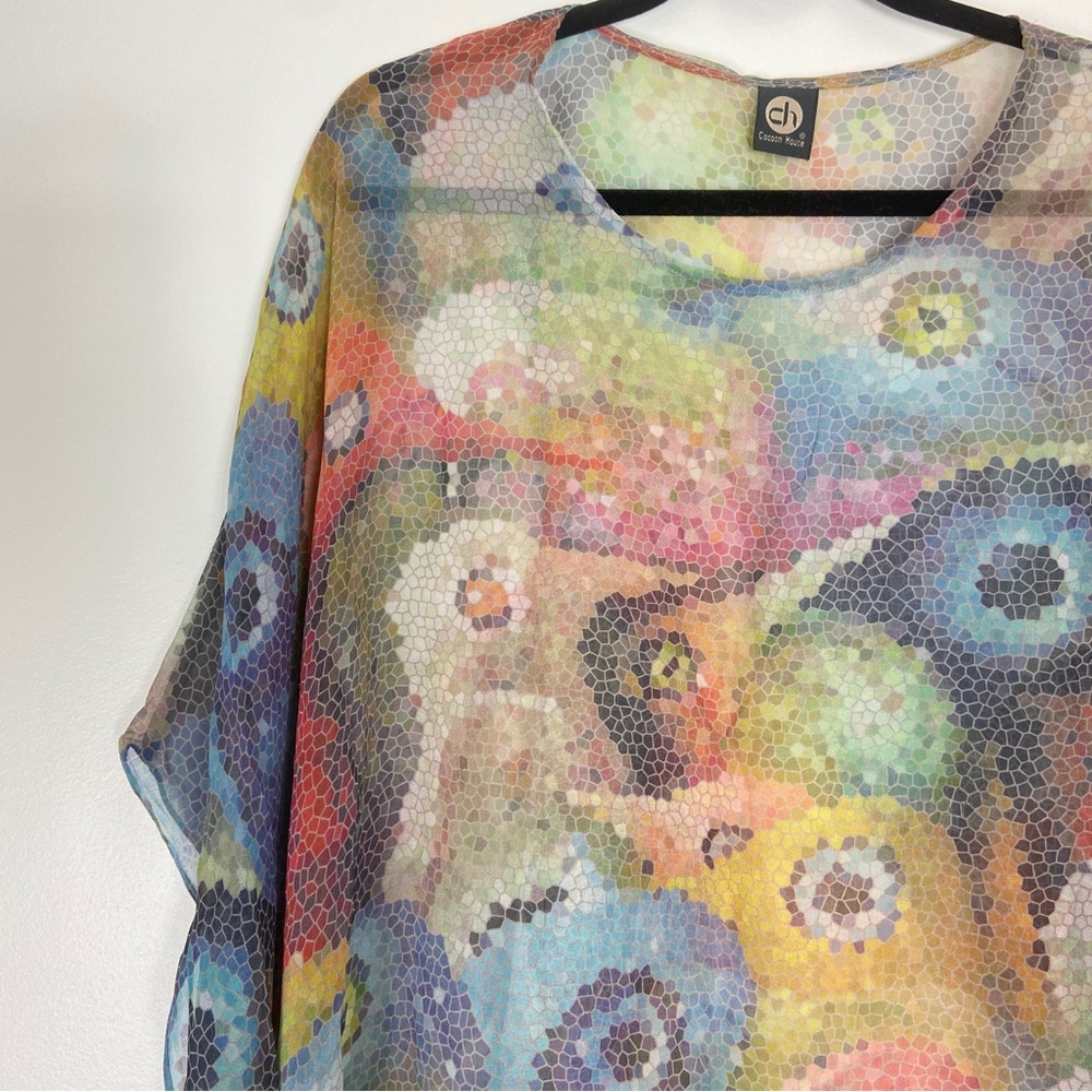 100% Silk  Abstract Art-to-Wear – Boho Feminine Sheer Vacation Summer Top - Picture 4 of 14